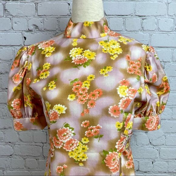 Vintage 60s Daisy Floral Puff Sleeve Mock Neck Bow Waist Belt Maxi Dress - Picture 3 of 10